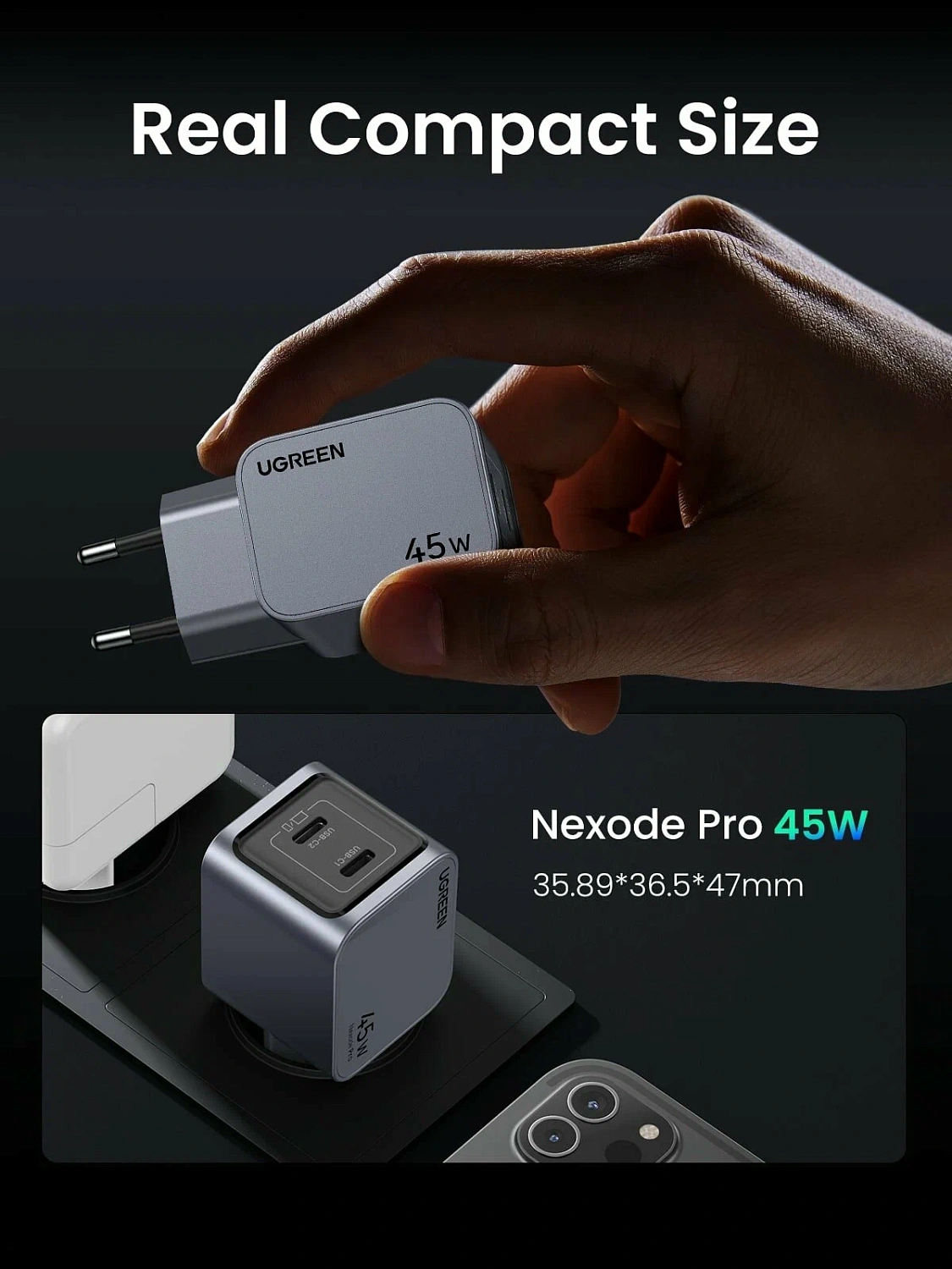 35008 Зарядное устройство UGREEN X707 Nexode Pro GaN 45W 2xUSB-C. Цвет: серый